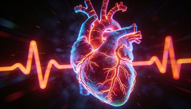 Glowing 3d anatomical heart with neon coronary vessels and ecg waveform pulse
