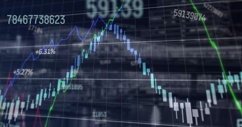 Digital interface with stock market and cityscape dynamics