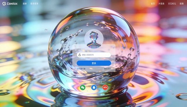 Iridescent glass orb reflecting vibrant bokeh and water ripples with digital login ui overlay