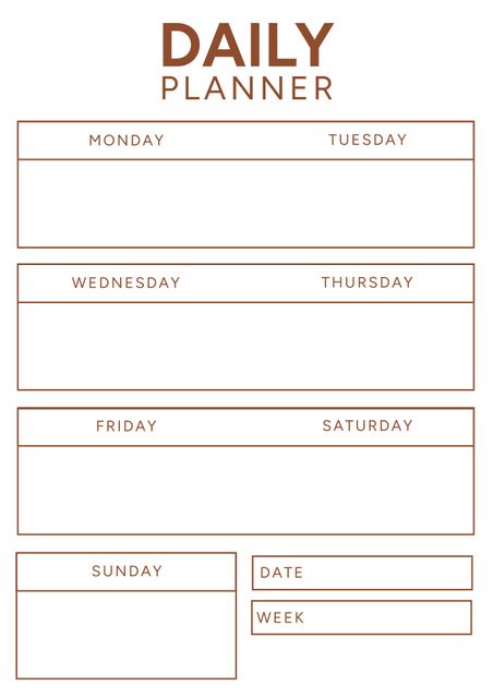Simple and clean daily planner layout offering structured format to organize weekly tasks. Each day of the week has a designated space, with additional sections for date and week at the bottom. Ideal for personal and professional use to improve productivity and maintain a consistent routine.