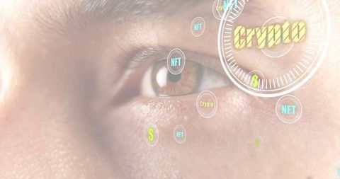 Male eye scanning with hologram crypto hud and nft interface for digital identity security