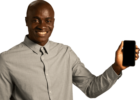 Smiling businessman displaying smartphone on transparent background