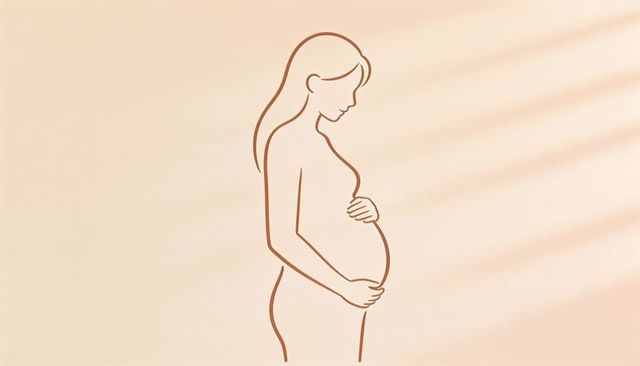 Minimalist pregnant woman outline cradling belly on warm beige gradient with soft light