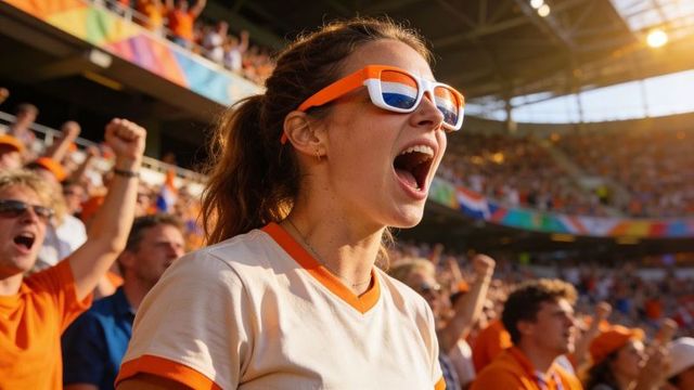Female fan shouting and cheering in orange with dutch flag sunglasses at packed stadium