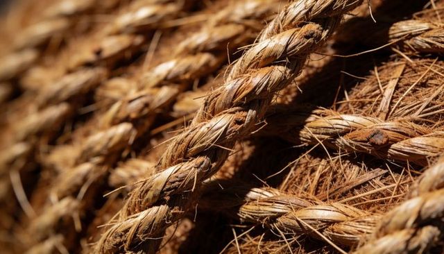 Sunlit braided natural fiber rope with frayed texture macro detail for rustic craft projects