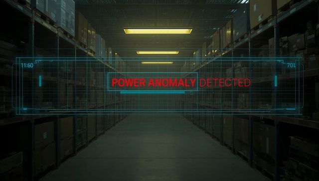 Warehouse holographic hud detecting power anomaly over industrial storage aisle