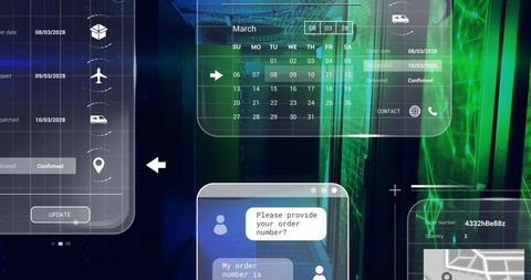 Futuristic digital interface with calendar and data widgets