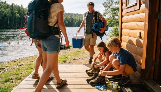 Family preparing for lakeside camping trip: kids tying hiking boots on cabin porch by lake