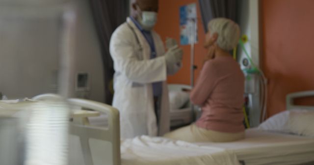 Elderly woman sitting on hospital bed, talking to doctor wearing lab coat and mask. Ideal for use in contexts related to healthcare, elderly care, medical consultations, hospital settings, patient treatment, and doctor-patient relationships.