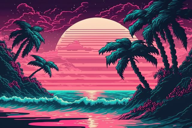 Vivid illustration capturing a stylized tropical beach at sunset with vibrant neon colors. Palm trees sway against a glowing sun setting over an ocean with soft waves. Ideal for backgrounds, posters, album covers, and everything retro-themed such as '80s artwork. Excellent for evoking feelings of nostalgia, relaxation, and tropical getaways.