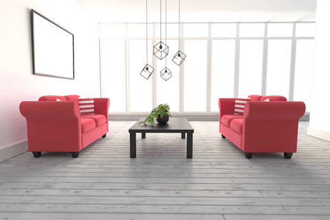 Modern living room with transparent glass and red sofas
