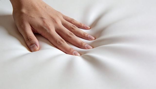 Hand pressing memory foam mattress surface creating gentle indentation soft bedding texture