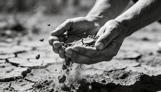 Cradling crumbling cracked soil in hands, highlighting parched earth and drought impact