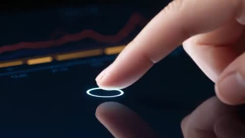 Closeup fingertip tapping glowing touch control ring on tablet while market chart updating