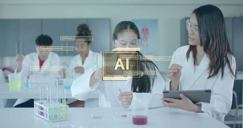 Students Pipetting in School Science Lab with AI Overlay, Mentor Guiding with Tablet