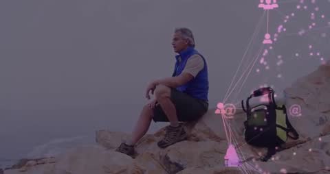 Elderly Hiker Contemplates Health and Nature with Digital Data Overlay