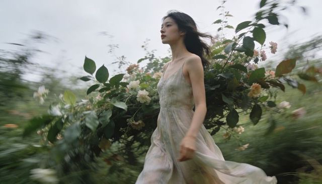 Asian woman walking through meadow carrying wildflower bouquet in flowing pastel dress