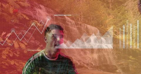 Innovative data visualization over natural waterfall landscape