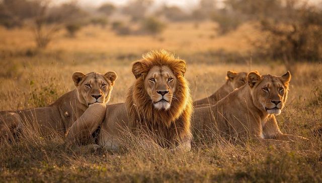 Regal male lion resting with lionesses on golden african savanna during warm golden hour