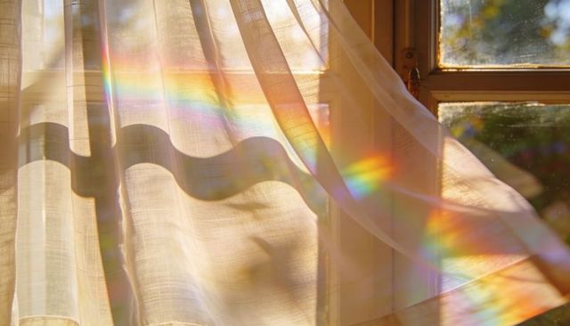 Sunlight casting rainbow prism across sheer curtain at warm wooden multi-pane window
