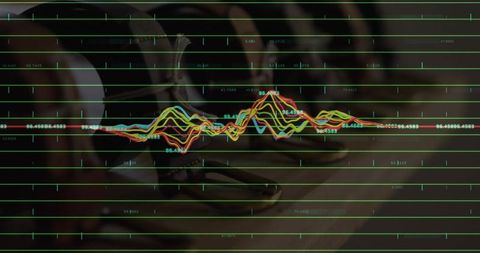 Multicolor waveform over metallic headphone rings with green grid and numeric data
