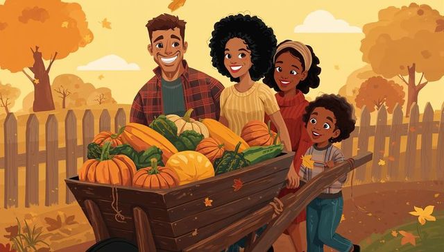 Family harvesting pumpkins in autumn yard wearing sweaters and overalls with wheelbarrow