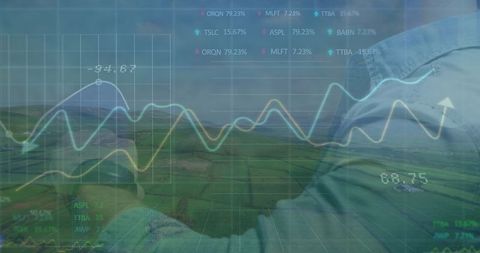 Coworkers analyzing agribusiness data with digital tablet over farmland