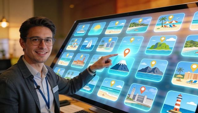 Smiling travel consultant demonstrating interactive digital kiosk with destination icons