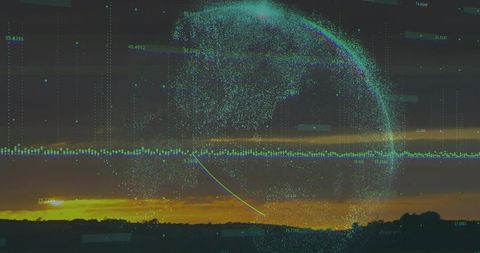 Teal holographic data globe hovering over sunset horizon with waveform and point cloud