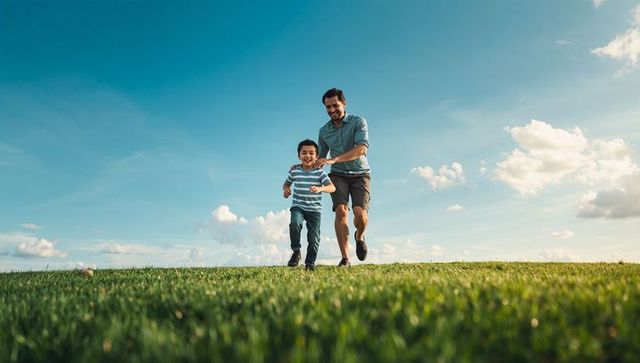 Father and son running downhill on sunny meadow laughing together outdoor family playtime