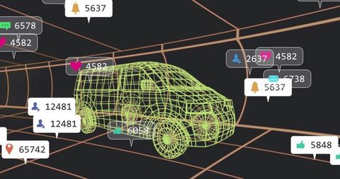 Futuristic wireframe suv with digital notifications and analytics