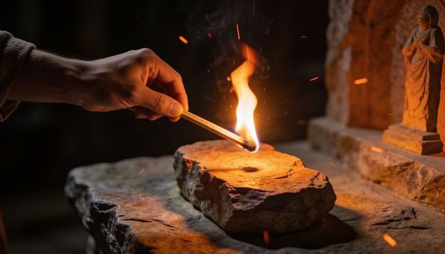 Hand lighting match above stone oil lamp at ancient shrine, flame and embers