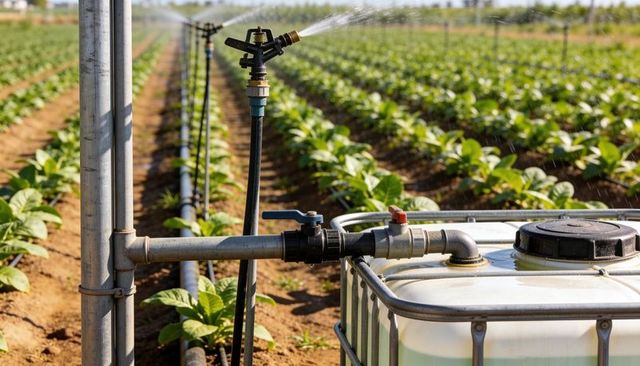 Automated sprinkler system spraying healthy row crops from ibc tank and metal piping