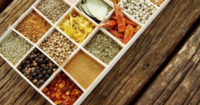 Assortment of Colorful Spices in Compartments on Wooden Table - Download Free Stock Images Pikwizard.com