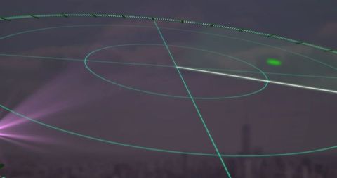 Digital Scope Display with Cityscape in Background