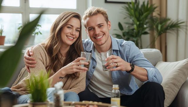 Smiling couple cuddling on sofa, toasting with glasses in cozy sunlit living room scene