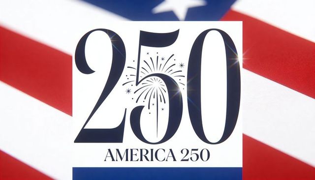 America 250 anniversary poster featuring bold 250 numerals and firework over us flag