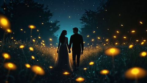 Romantic lovers evening stroll with fireflies on enchanting path