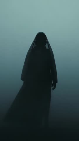 Hooded Figure Emerging Through Misty Clearing, Cloaked Silhouette Moving in Foggy Vertical Video