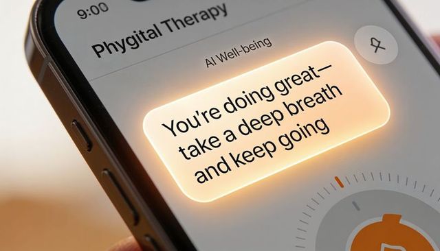 Smartphone wellness app encouraging deep breathing with glowing support bubble and timer