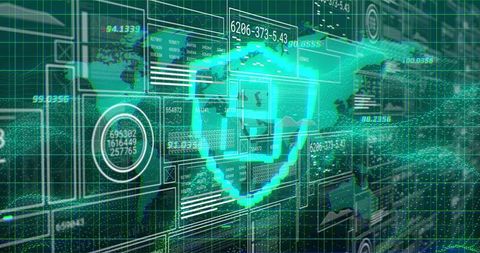 Projecting Glowing Holographic Shield Overlaying Digital World Map and Data Dashboard