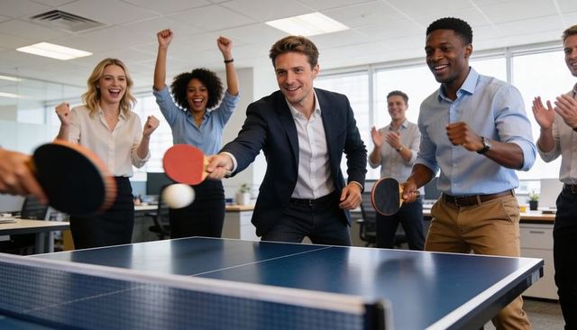 Business team playing office ping pong while coworkers cheer, energetic team building moment