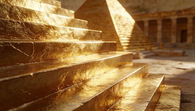 Gilded steps catching warm sunlight at monumental ancient plaza with pyramid colonnade