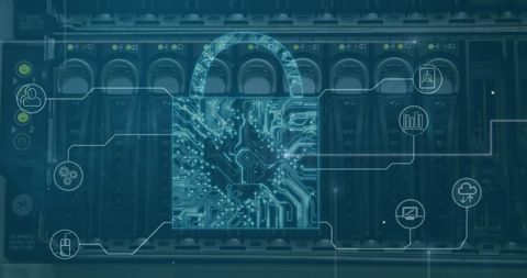 Cybersecurity concept with digital lock and server background