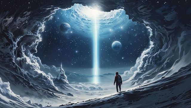 Astronaut exploring icy alien landscape amidst cosmic light