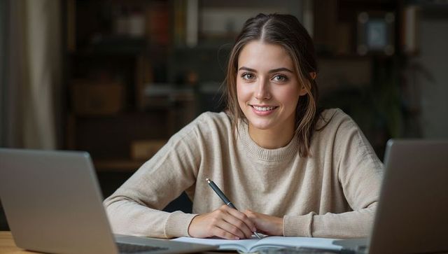 Young woman studying at desk with two laptops writing in notebook smiling at camera
