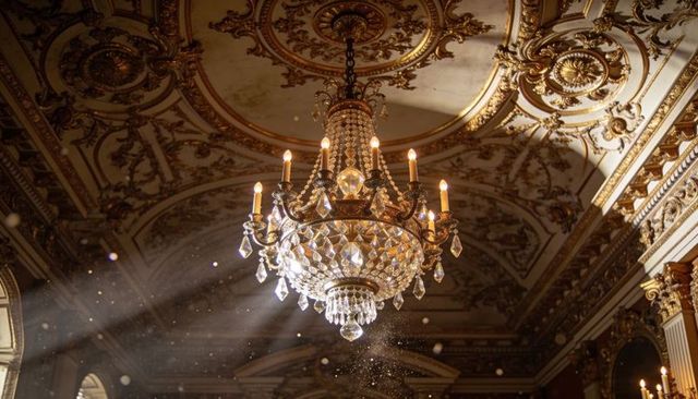 Opulent crystal chandelier casting warm light over rococo ballroom, gilded medallions