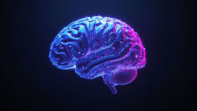 Neon Glowing 3D Brain with Circuit Details in Dark