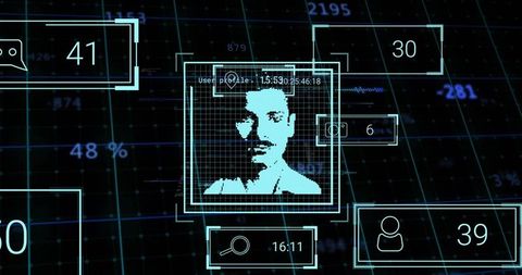 Biometric Scan HUD of Pixelated Male Silhouette in Tech-Branded Interface