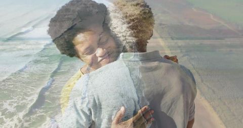 Couple embracing on shoreline with ocean waves blending double-exposure romance and serenity